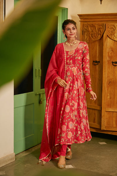 Hot Pink printed Anarkali with Chooridar and Dupatta- set of 3
