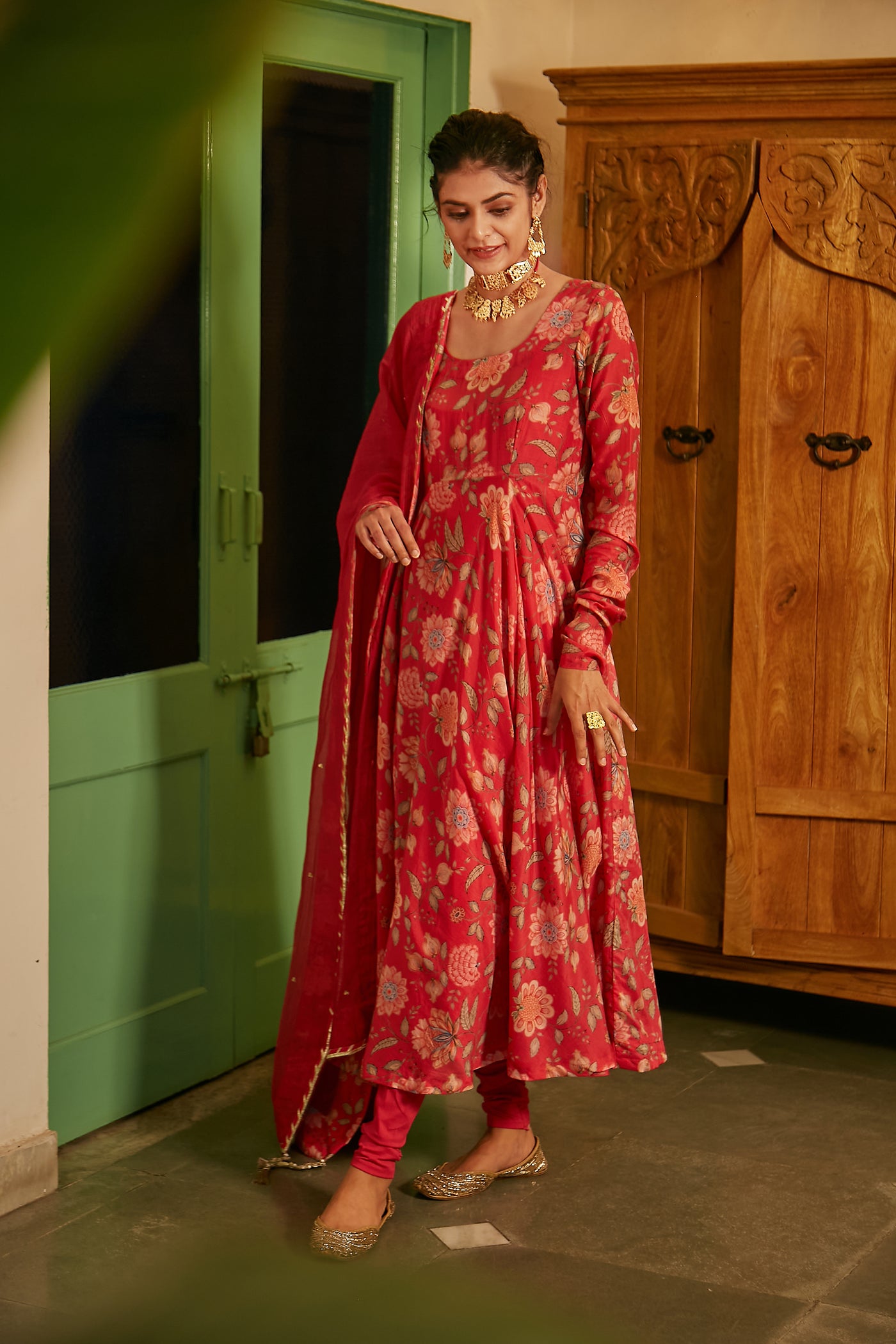 Hot Pink printed Anarkali with Chooridar and Dupatta- set of 3
