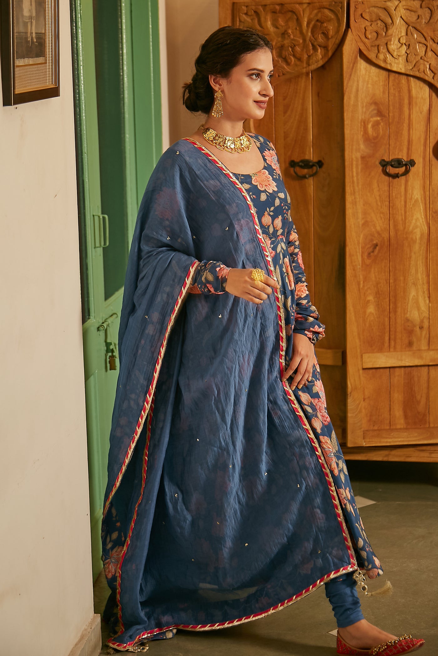Midnight Blue printed Anarkali with Chooridar and Dupatta- Set of 3