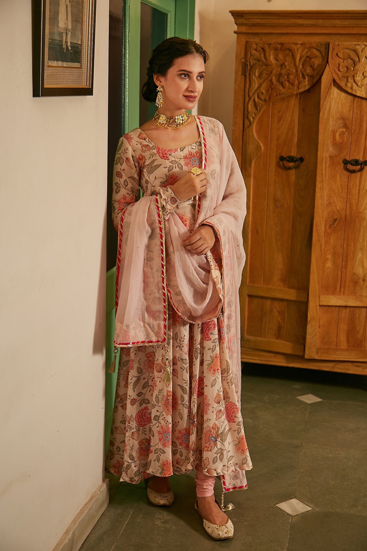 Daisy White printed Anarkali with Chooridar and Dupatta- set of 3