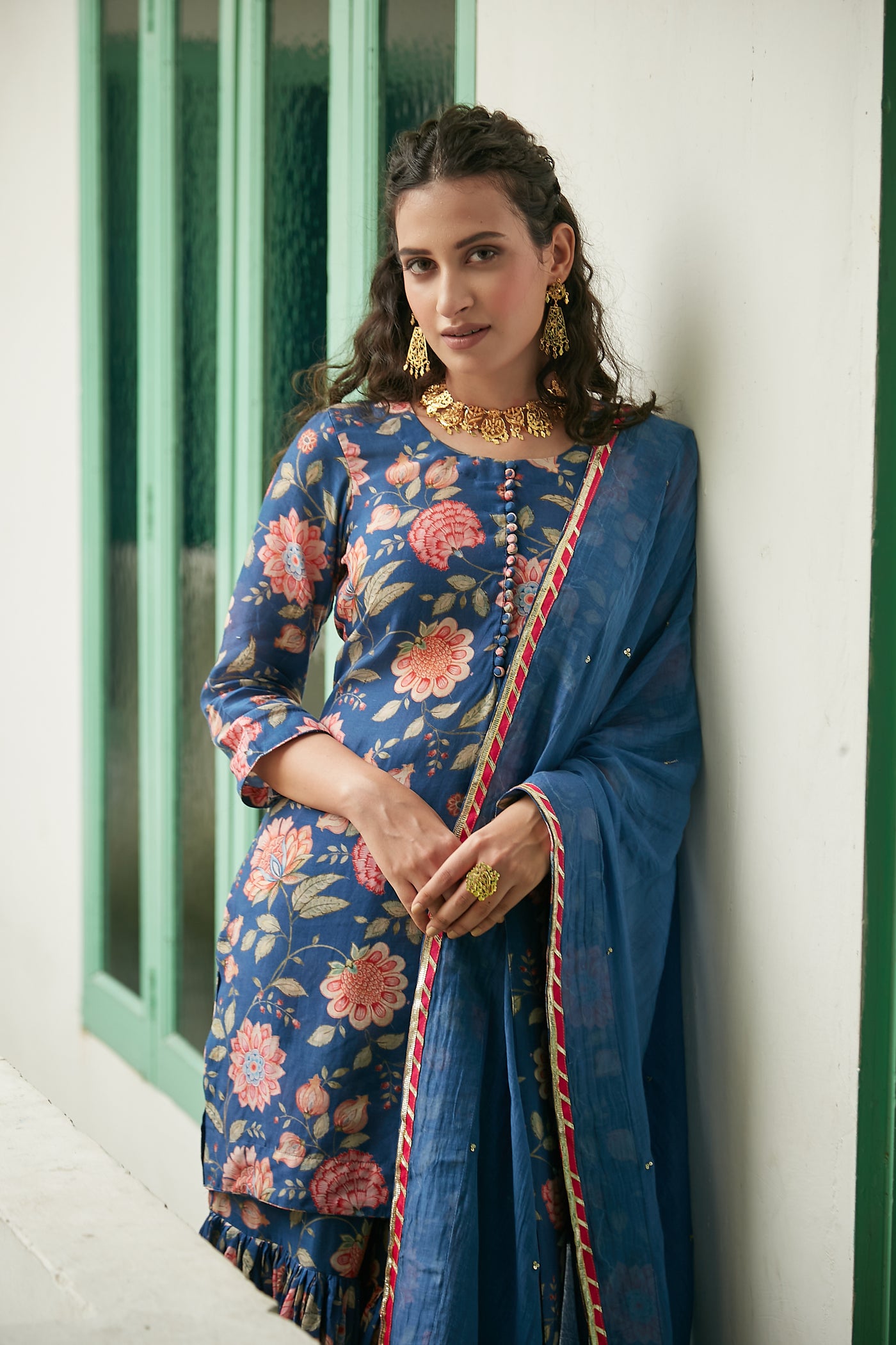 MidNight Blue Printed Short kurta with Sharara and Dupatta- Set of 3
