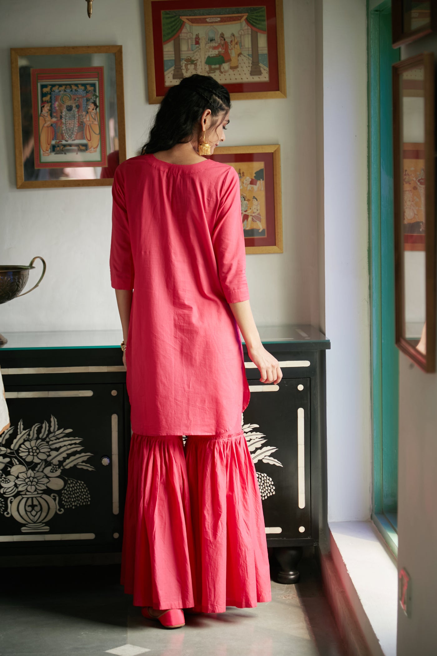 Hot Pink short kurta with Sharara and Printed Dupatta- set of 3
