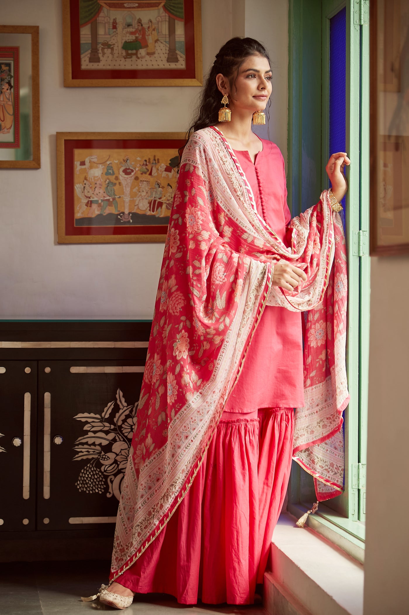 Hot Pink short kurta with Sharara and Printed Dupatta- set of 3