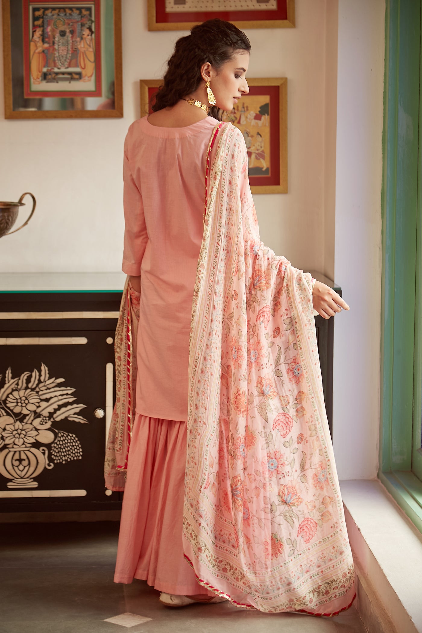 Blush Pink short kurta with Sharara and Printed Dupatta- set of 3