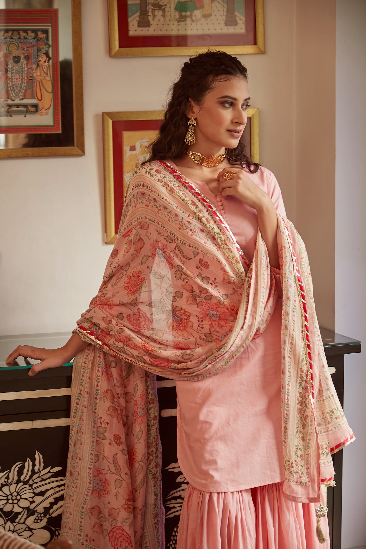 Blush Pink short kurta with Sharara and Printed Dupatta- set of 3