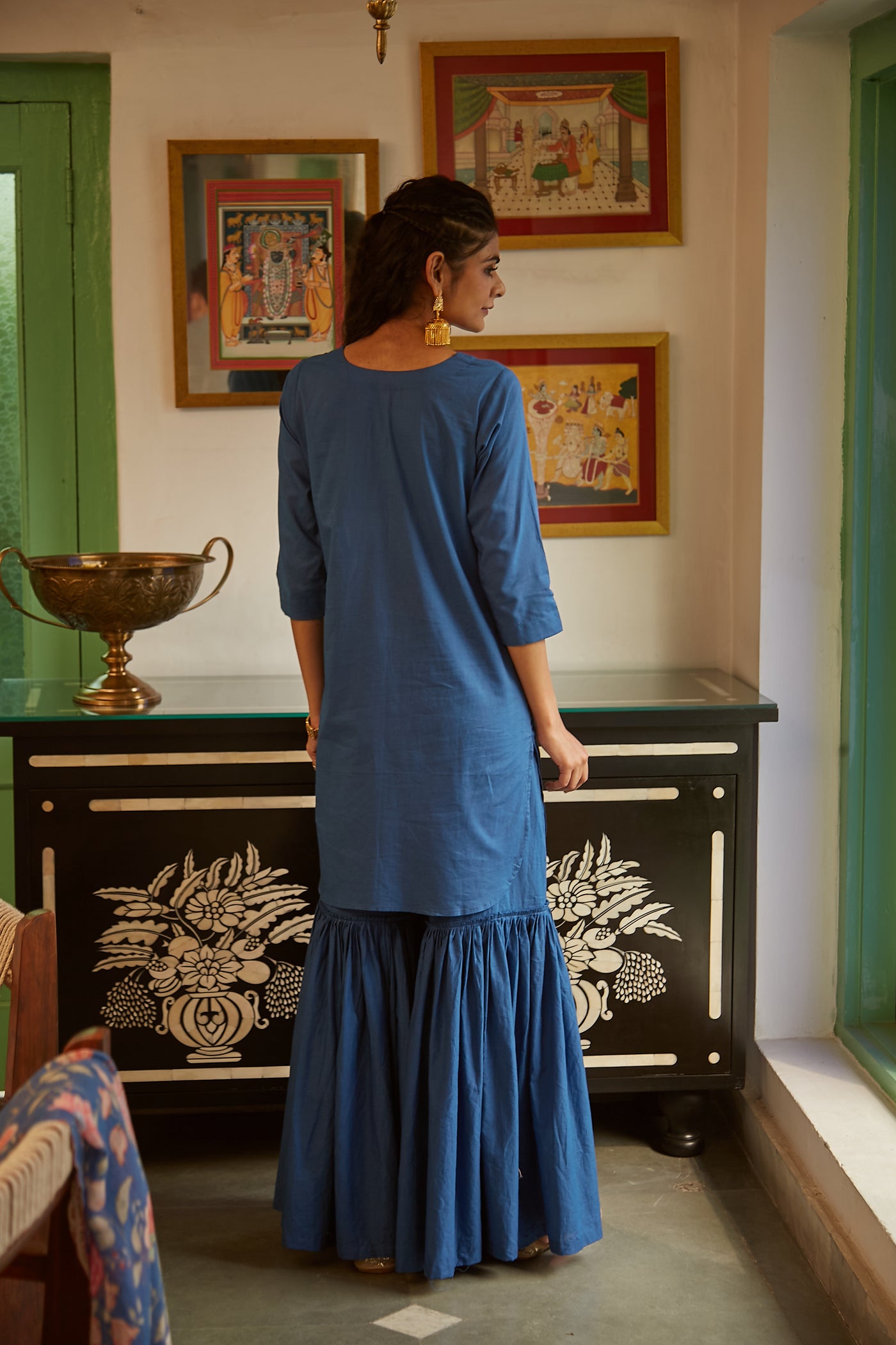 Blue short kurta with Sharara and Printed Dupatta- set of 3