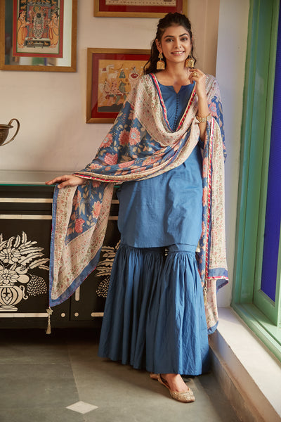 Blue short kurta with Sharara and Printed Dupatta- set of 3