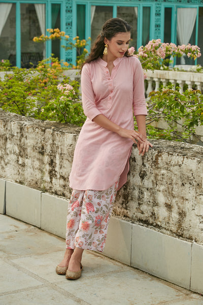 Pink short kurta with printed pants- set of 2