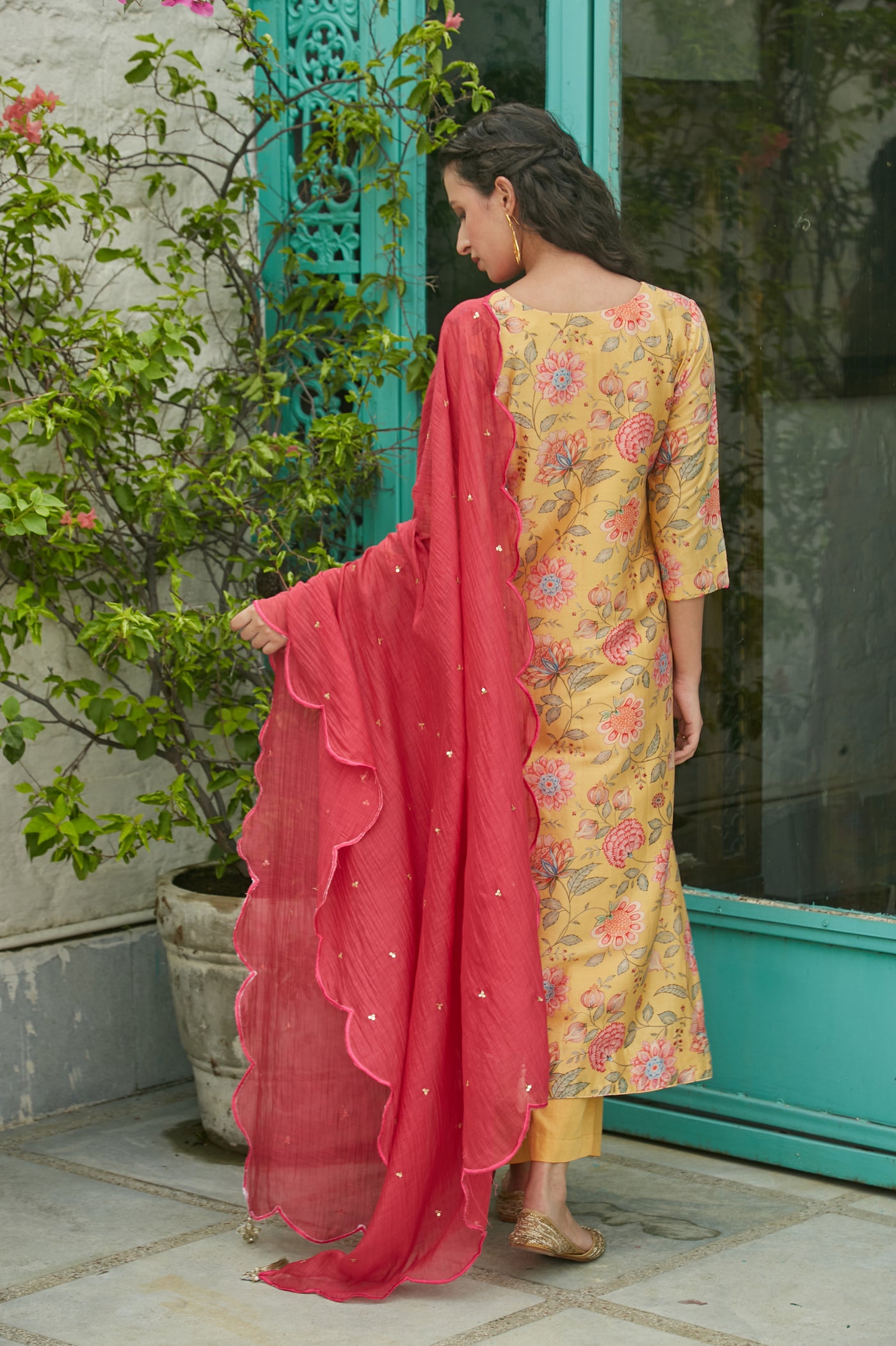 Honey Gold Printed Kurta with Palazzo and Dupatta- set of 3