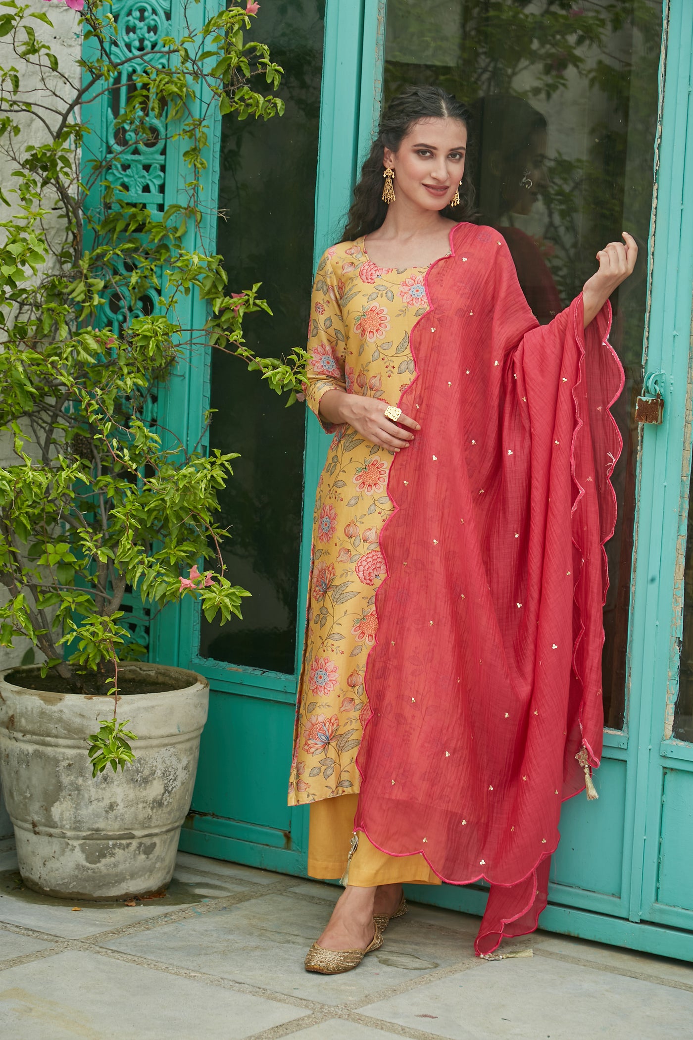 Honey Gold Printed Kurta with Palazzo and Dupatta- set of 3