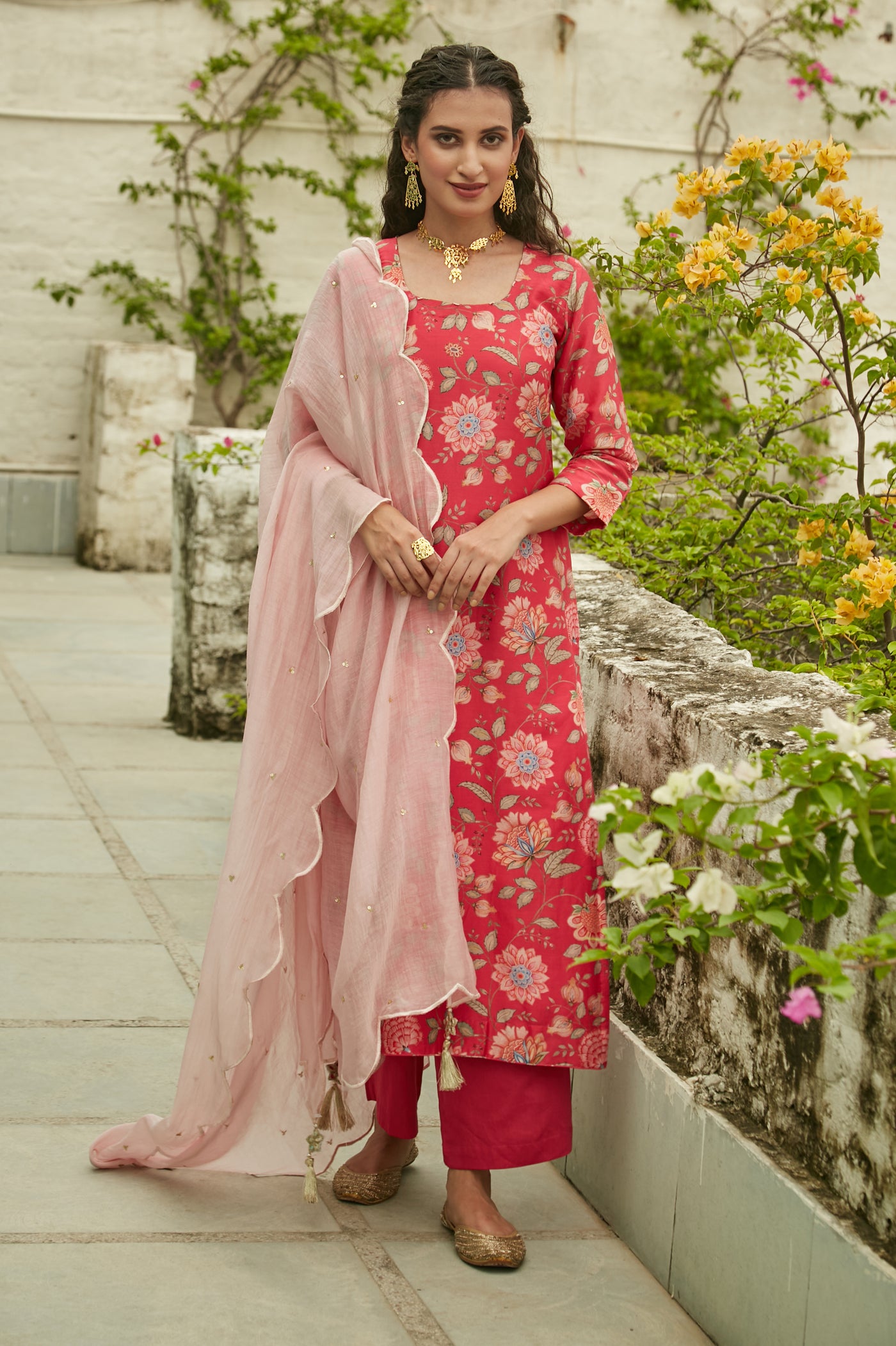 Hot Pink Printed Kurta with Palazzo and Dupatta- set of 3