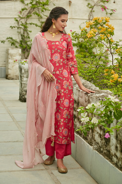 Hot Pink Printed Kurta with Palazzo and Dupatta- set of 3