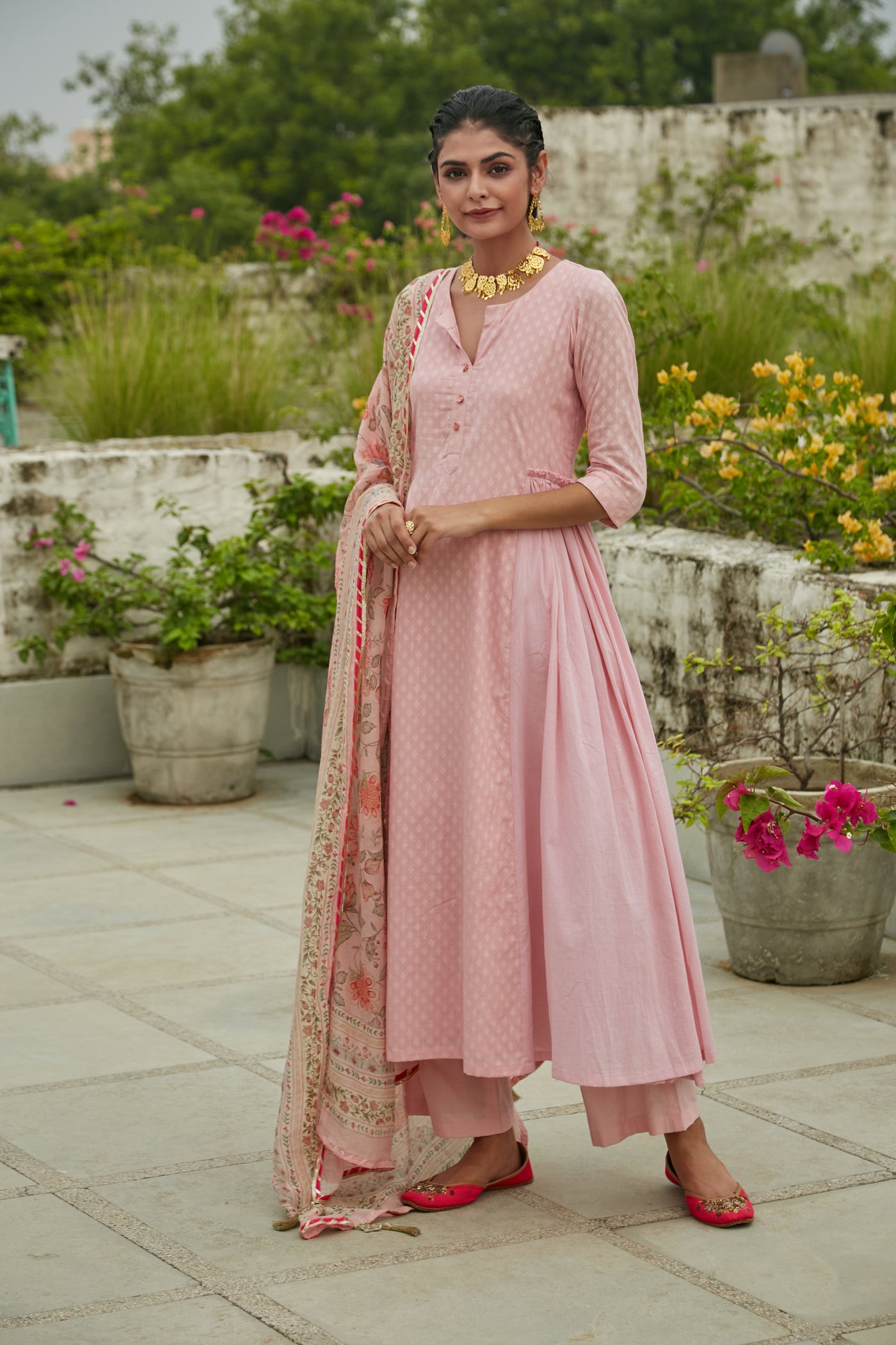 Blush Pink side gathered Anarkali with Palazzo and Printed Dupatta- set of 3