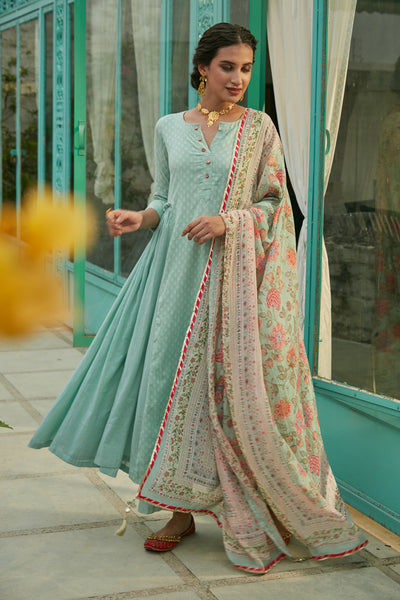 Aqua Marine side gathered Anarkali with Palazzo and Printed Dupatta- set of 3