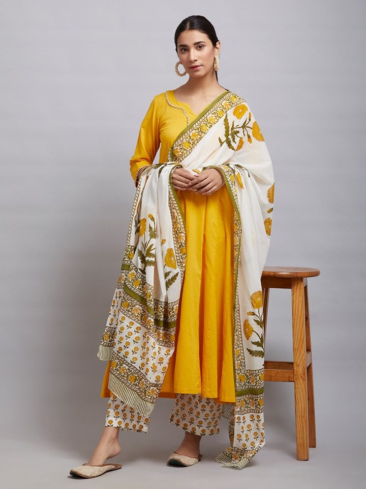 Yellow Cotton Kalidar Gota Kurta with Off White Hand Block Printed Palazzo and Mulmul Dupatta- Set of 3