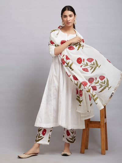 Off White Cotton Kalidar Kurta with Red Hand Block Printed Mulmul Pants and Dupatta- Set of 3