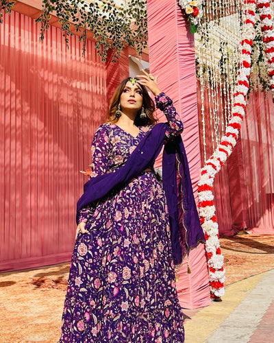 Swati in Raag Purple Floral print Lehenga with Floral print Blouse and Dupatta - Set of 3