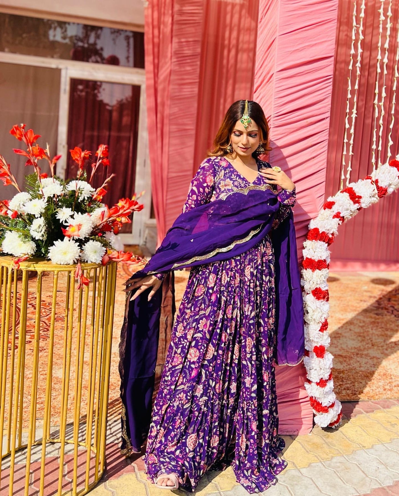 Swati in Raag Purple Floral print Lehenga with Floral print Blouse and Dupatta - Set of 3