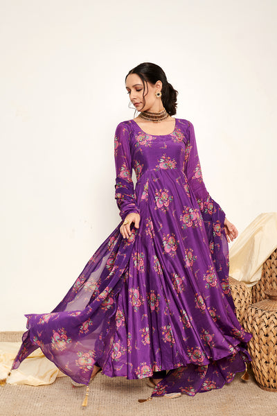 Bahaar Purple printed Anarkali with Chooridar and Dupatta- Set of 3