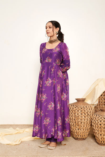 Bahaar Purple printed Anarkali with Chooridar and Dupatta- Set of 3