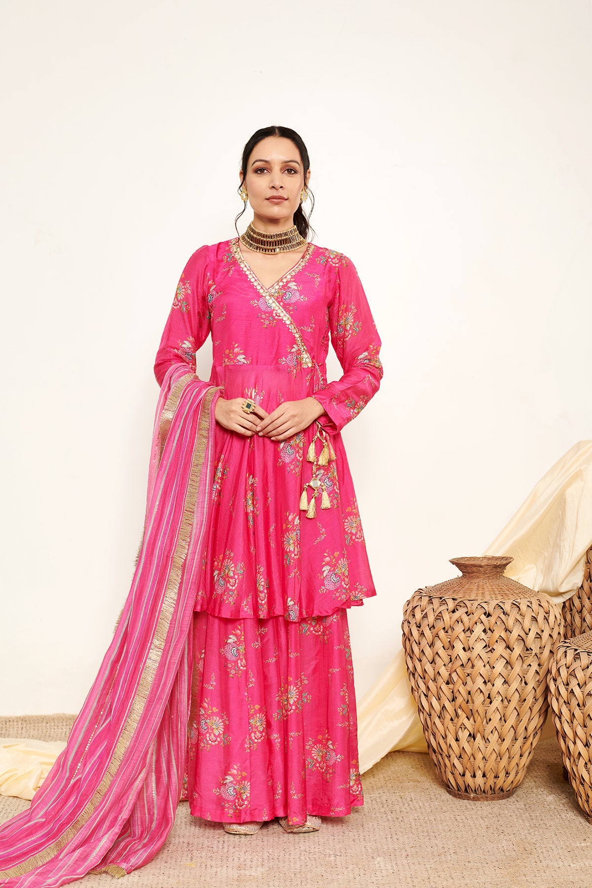 Hot Pink printed Angrakha with Sharara and Dupatta- Set of 3