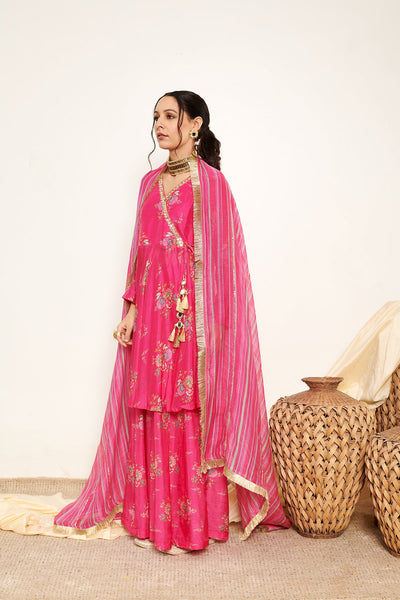 Hot Pink printed Angrakha with Sharara and Dupatta- Set of 3