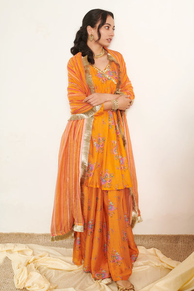 Orange printed Angrakha with Sharara and Dupatta- Set of 3