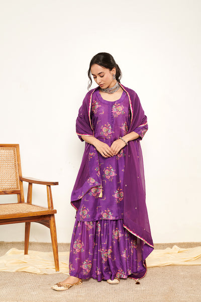 Bahaar Purple Printed Short kurta with Sharara and Dupatta- Set of 3