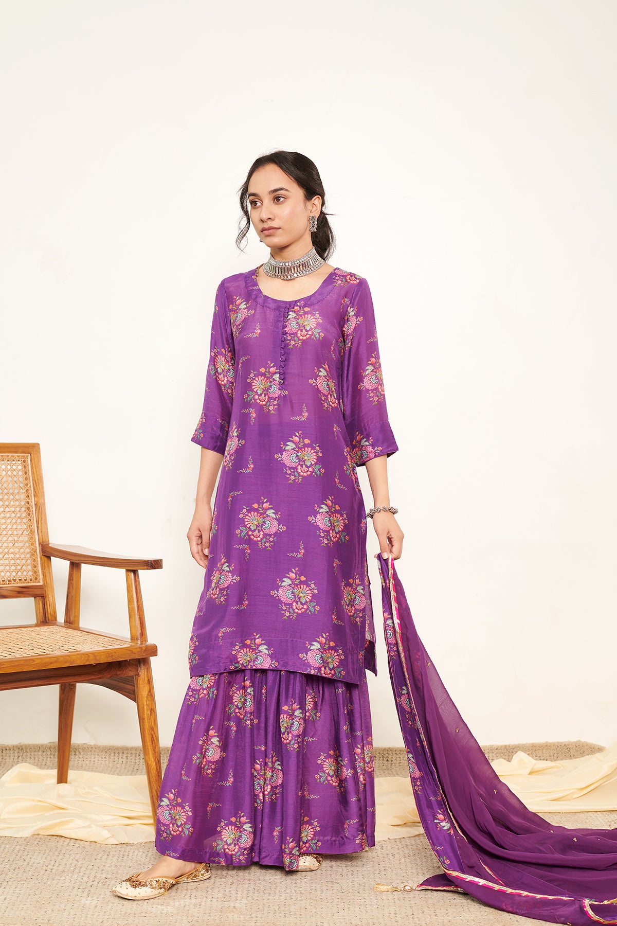 Bahaar Purple Printed Short kurta with Sharara and Dupatta- Set of 3