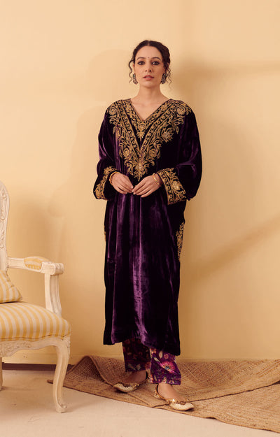 Naveli Purple Velvet Kurta with Velvet Printed Salwar - set of 2