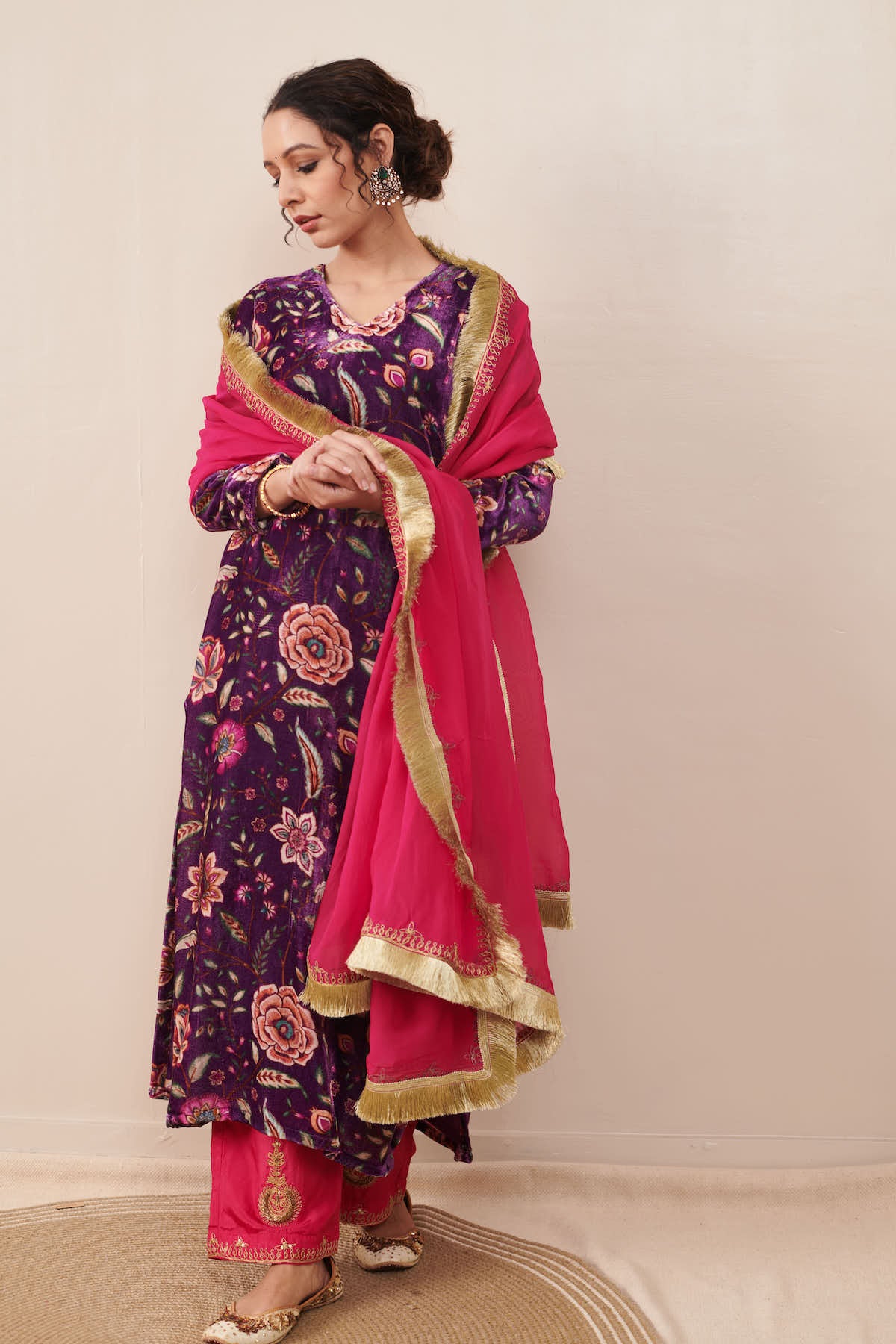 Naveli Purple Velvet Printed Kurta with Rani Pink Palazzo and Dupatta- set of 3