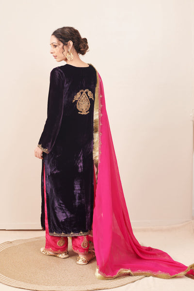 Naveli Purple Zari Embroidered Kurta with Rani Pink Palazzo and Dupatta - Set of 3