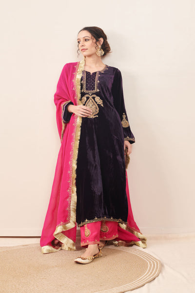 Naveli Purple Zari Embroidered Kurta with Rani Pink Palazzo and Dupatta - Set of 3
