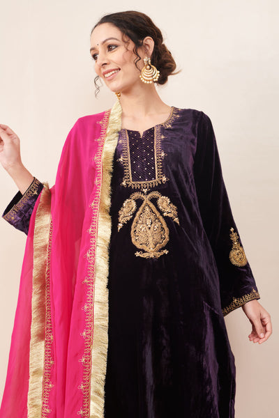 Naveli Purple Zari Embroidered Kurta with Rani Pink Palazzo and Dupatta - Set of 3