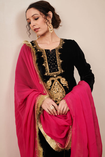 Naveli Black Zari Embroidered Kurta with Rani Pink Palazzo and Dupatta - Set of 3