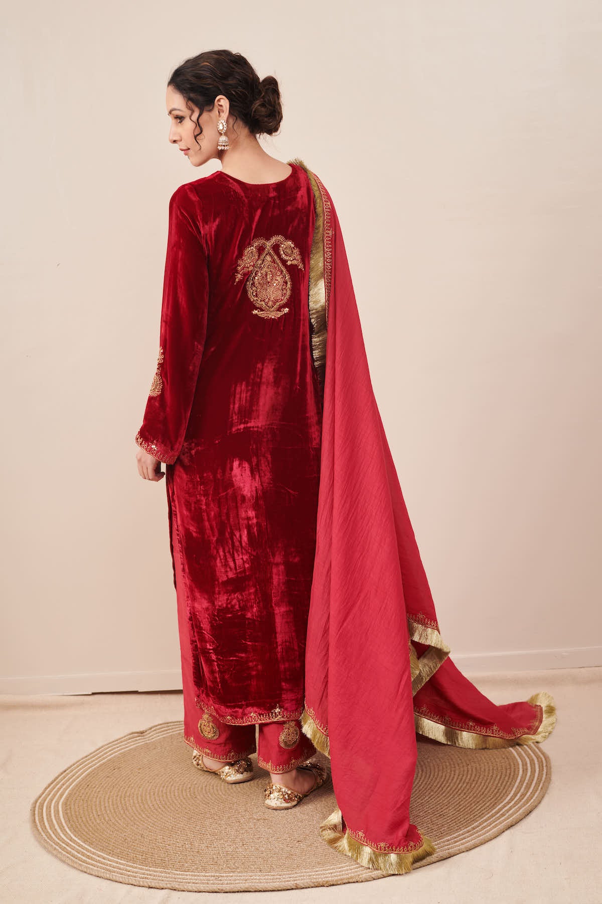 Naveli Deep Red Zari Embroidered Kurta Palazzo set with Dupatta - Set of 3