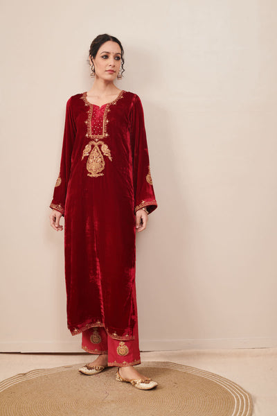Naveli Deep Red Zari Embroidered Kurta Palazzo set with Dupatta - Set of 3