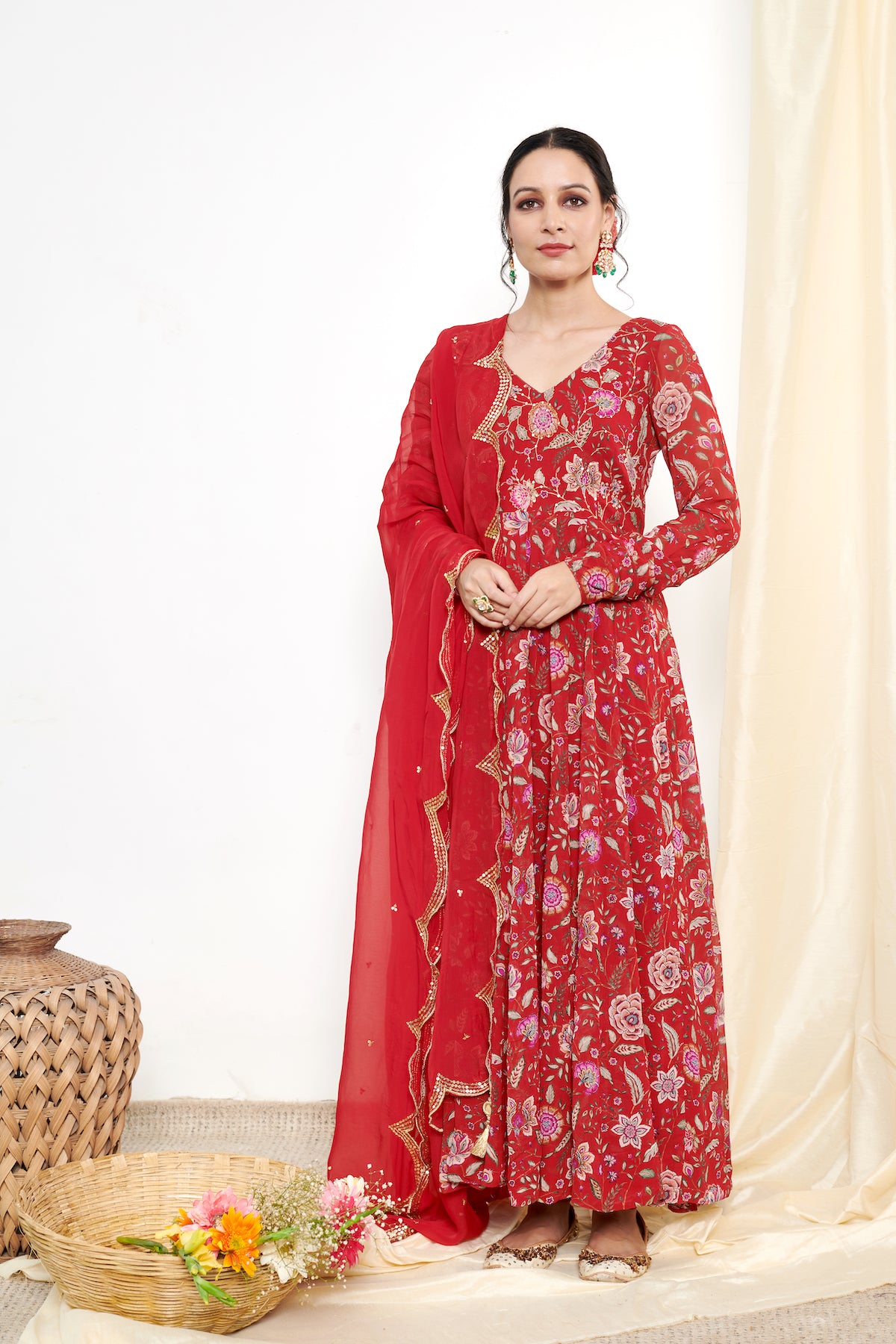 Raag Red Floral Printed Anarkali with Chooridar and Dupatta- set of 3