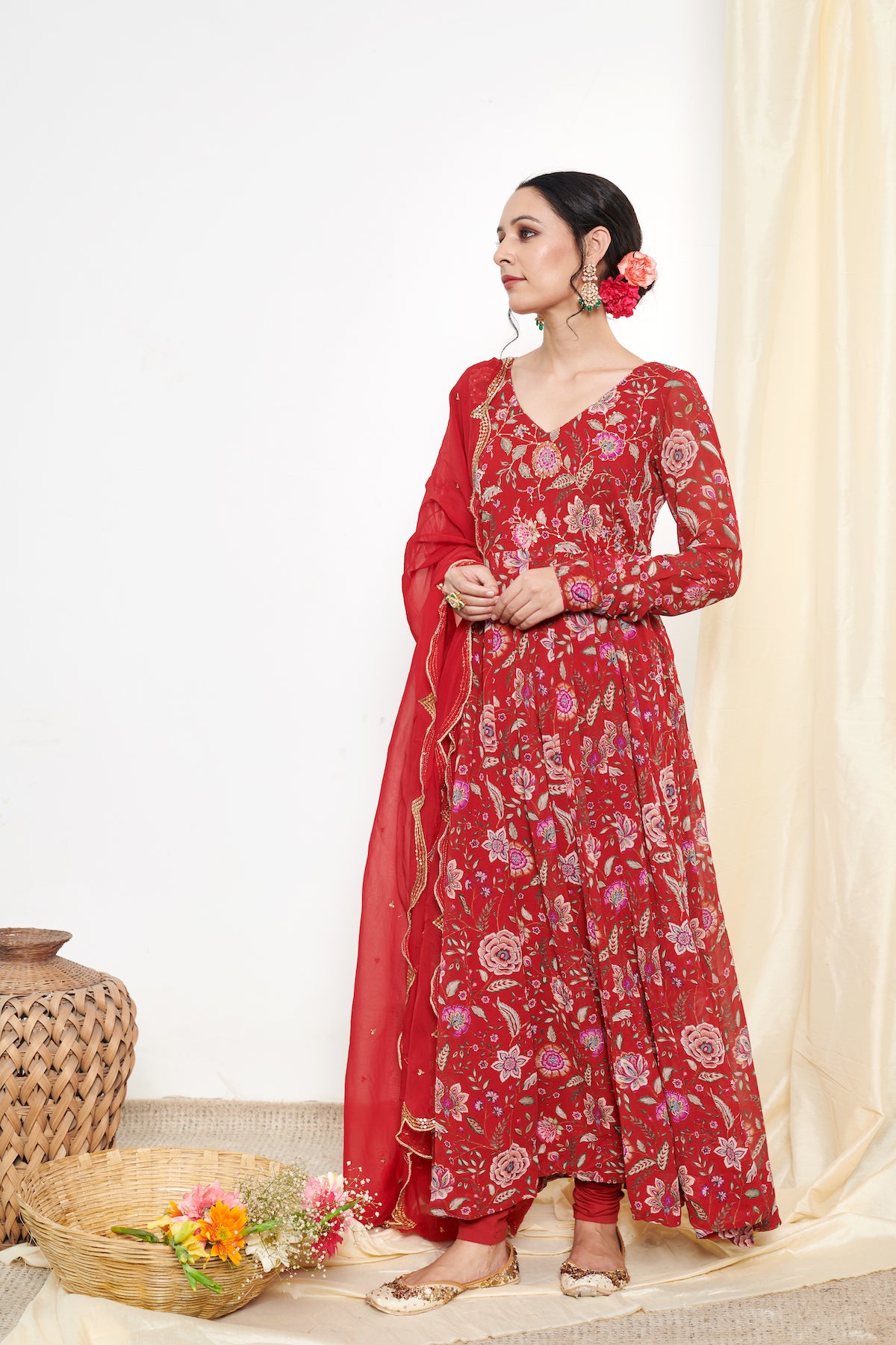 Raag Red Floral Printed Anarkali with Chooridar and Dupatta- set of 3