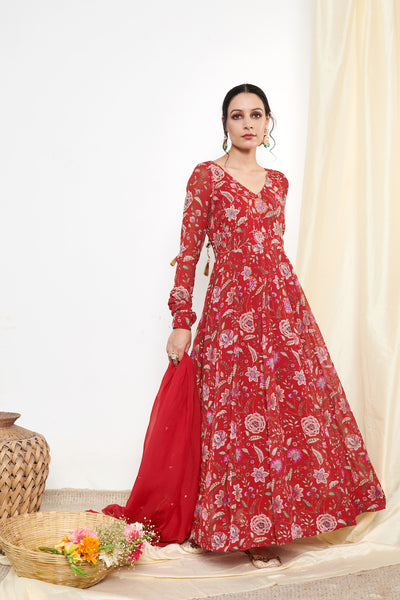 Raag Red Floral Printed Anarkali with Chooridar and Dupatta- set of 3