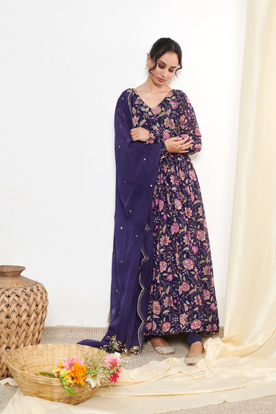 Raag Blue Floral Printed Anarkali with Chooridar and Dupatta- set of 3