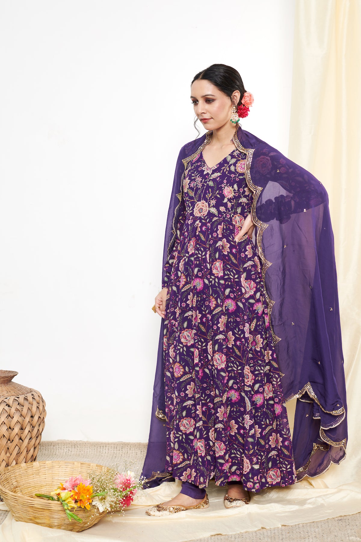 Raag Purple Floral Printed Anarkali with Chooridar and Dupatta- set of 3