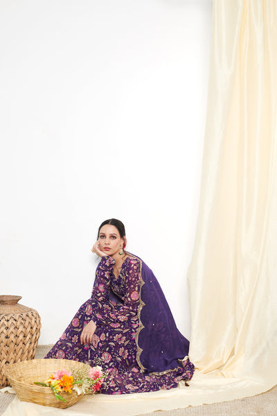 Raag Purple Floral Printed Anarkali with Chooridar and Dupatta- set of 3