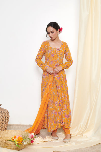 Raag Orange Floral Printed Anarkali with Chooridar and Dupatta- set of 3
