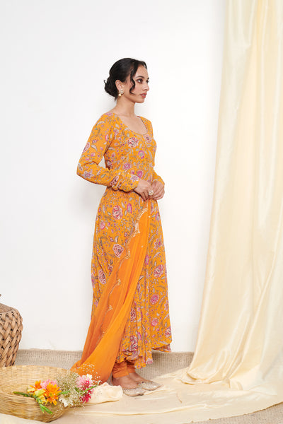 Raag Orange Floral Printed Anarkali with Chooridar and Dupatta- set of 3