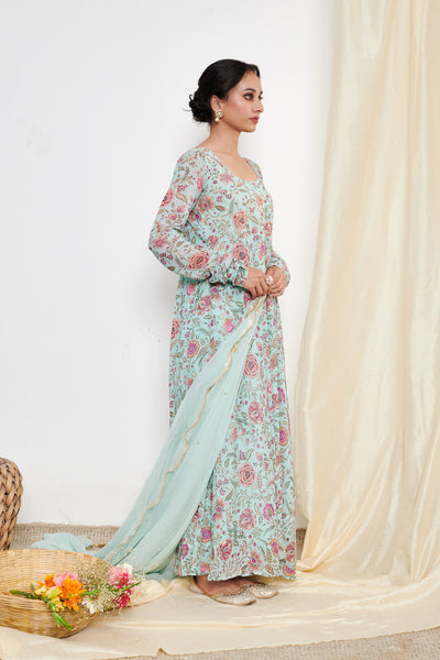 Raag Aqua Blue Floral Printed Anarkali with Chooridar and Dupatta- set of 3