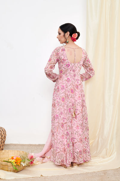 Raag Blush Pink Floral Printed Anarkali with Chooridar and Dupatta- set of 3