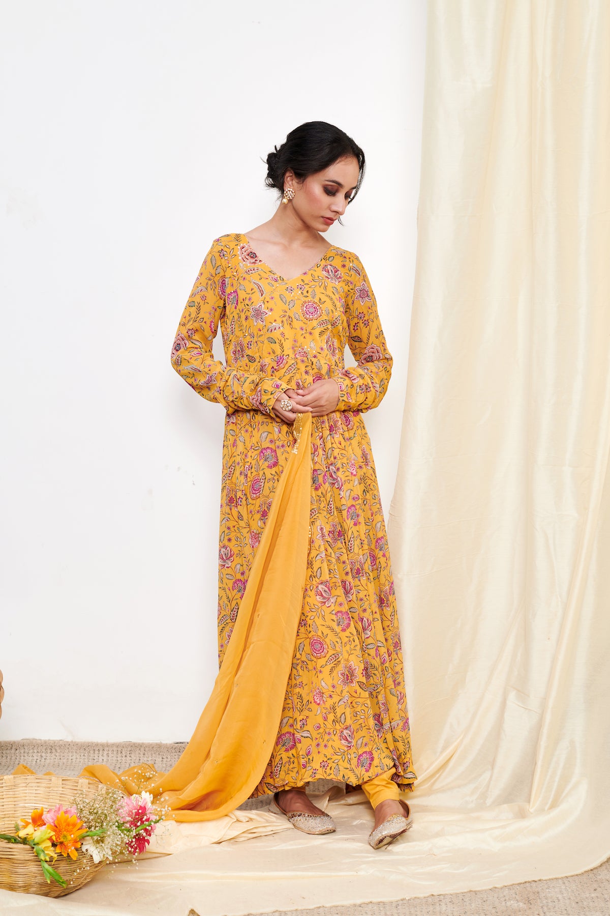 Raag Yellow Floral Printed Anarkali with Chooridar and Dupatta- set of 3