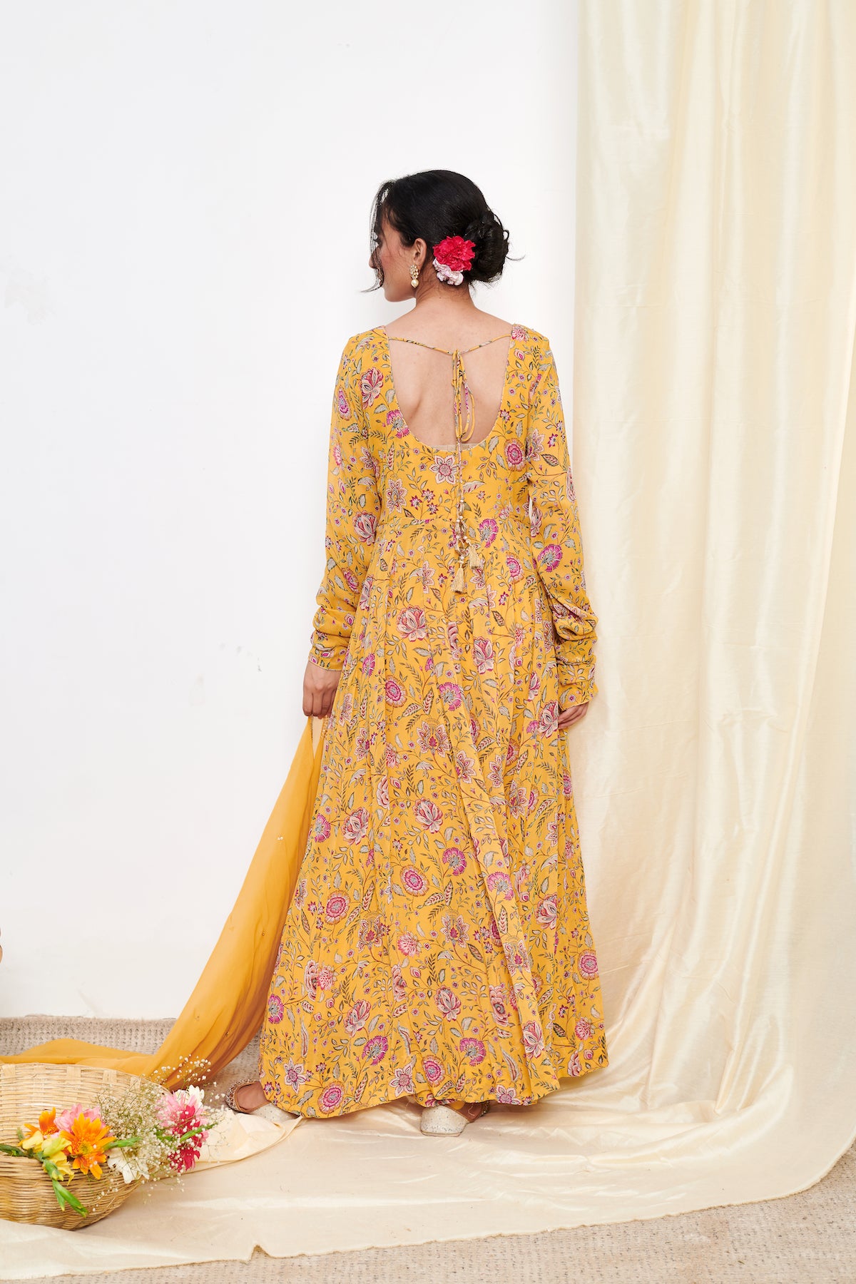Raag Yellow Floral Printed Anarkali with Chooridar and Dupatta- set of 3