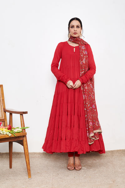 Raag Red Anarkali with Chooridar and Dupatta- set of 3
